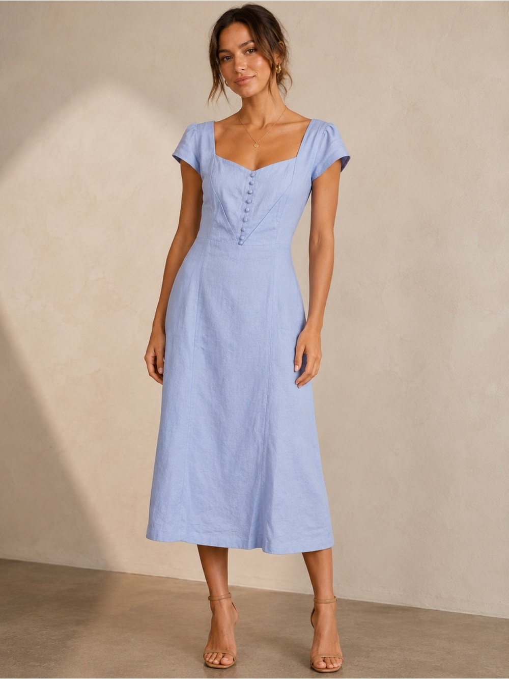 Anthropologie Light Blue Midi Dress Size M| Cap Sleeve Fitted Linen Blend  NWOT